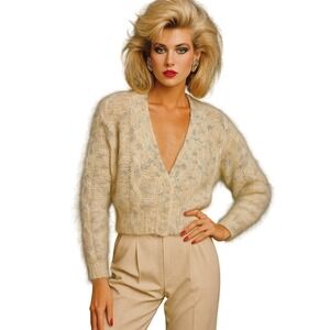 80s Kerri Kelsey Mohair Blend Cardigan Cream‎ Pattern Cropped V Neck Button Up M